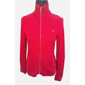Lauren Ralph Lauren Preppy Old Money Fisherman Red Cable Heavy Knit Sweater